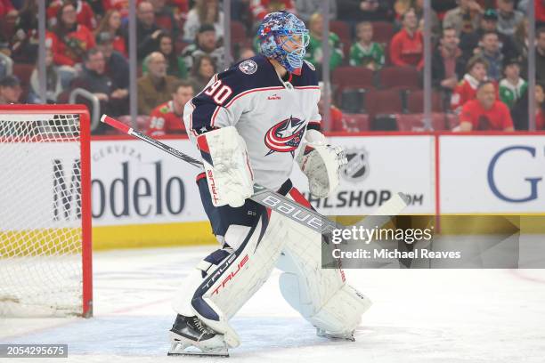 Elvis Merzlikins of the Columbus Blue Jackets tends the net against the Chicago Blackhawks during the first period at the United Center on March 02,...