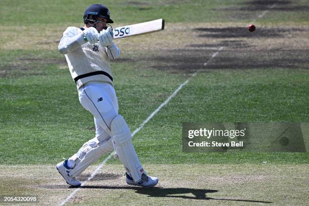 Nic Maddinson of the Bushrangers hits a six during the Sheffield Shield match between Tasmania and Victoria at Blundstone Arena, on March 03 in...