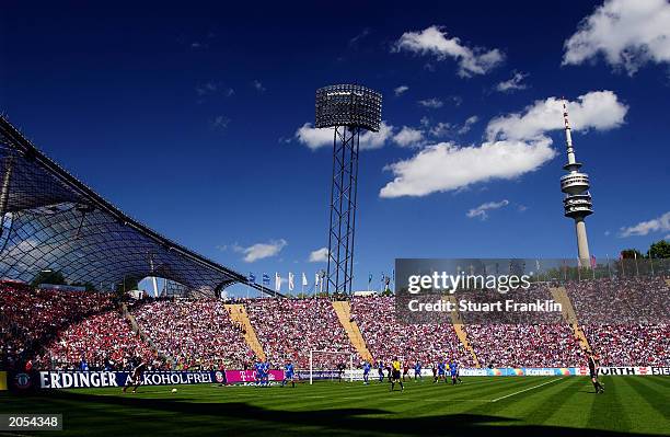 General view of the Olympic Stadium taken during the German Bundesliga match between FC Bayern Munich and 1.FC Kaiserslautern held on May 3, 2003 at...