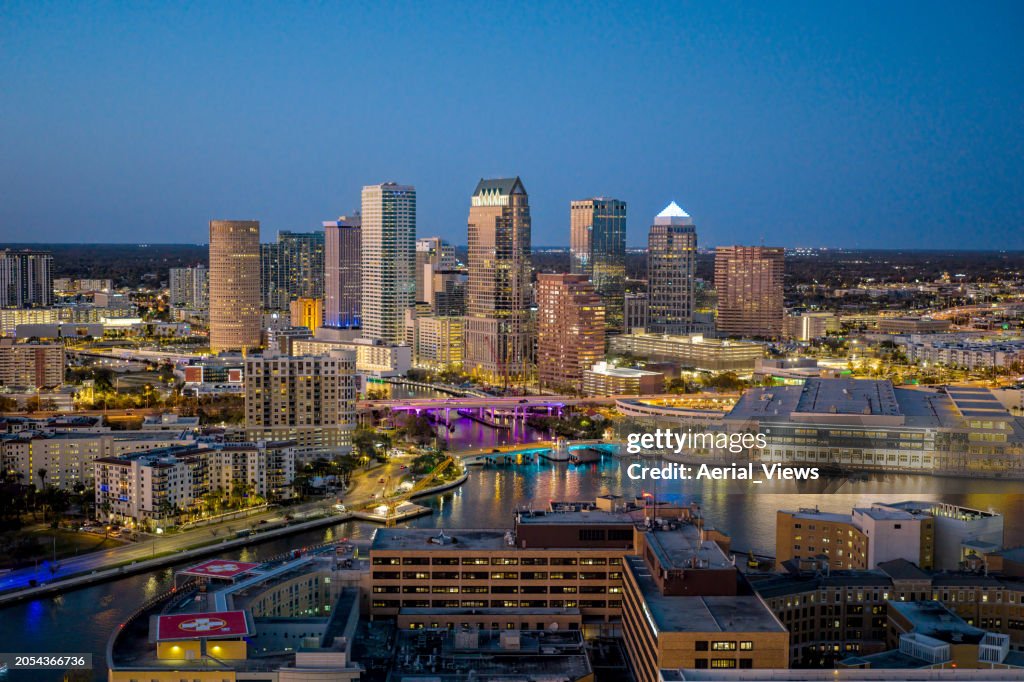Aerial view of Downtown Tampa at Dusk