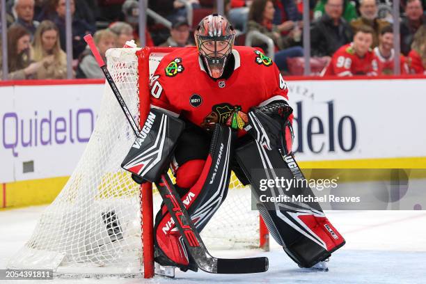 Arvid Soderblom of the Chicago Blackhawks tends the net against the Columbus Blue Jackets during the second period at the United Center on March 02,...