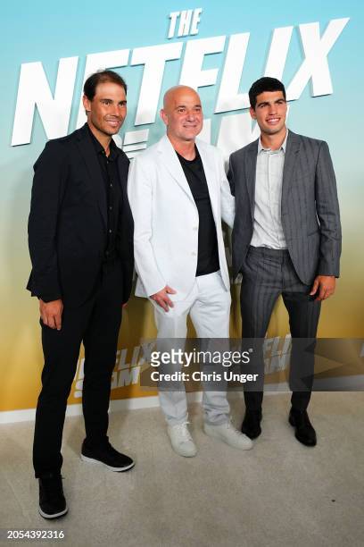 Rafael Nadal, Andre Agassi and Carlos Alcaraz attend The Netflix Slam media availability event at Mandalay Bay Resort and Casino on March 02, 2024 in...