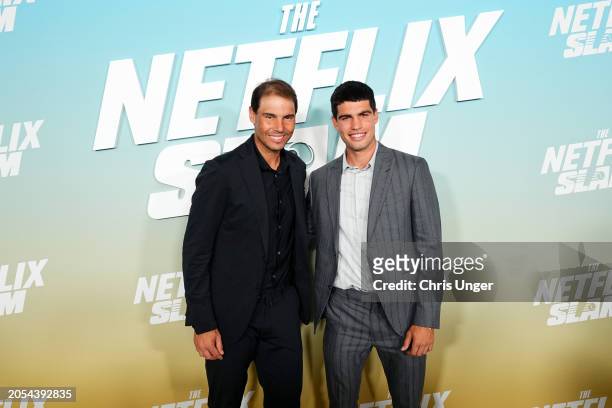 Rafael Nadal and Carlos Alcaraz attend The Netflix Slam media availability event at Mandalay Bay Resort and Casino on March 02, 2024 in Las Vegas,...