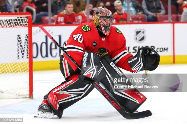 Arvid Soderblom of the Chicago Blackhawks tends the net against the Columbus Blue Jackets during the second period at the United Center on March 02,...