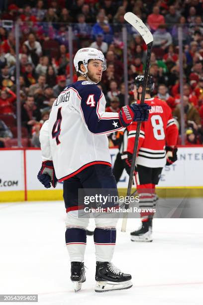 Cole Sillinger of the Columbus Blue Jackets celebrates after scoring a goal against the Chicago Blackhawks during the second period at the United...