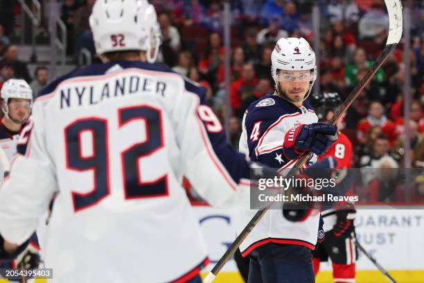 Cole Sillinger of the Columbus Blue Jackets celebrates after scoring a goal against the Chicago Blackhawks during the second period at the United...