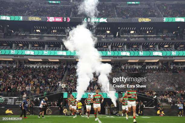 The Rabbitohs take the field during the round one NRL match between Manly Sea Eagles and South Sydney Rabbitohs at Allegiant Stadium, on March 02 in...