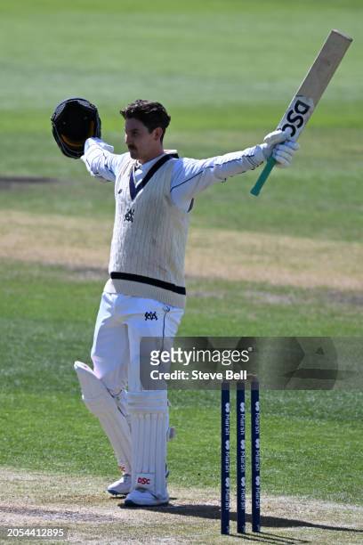 Nic Maddinson of the Bushrangers celebrates scoring a century during the Sheffield Shield match between Tasmania and Victoria at Blundstone Arena, on...
