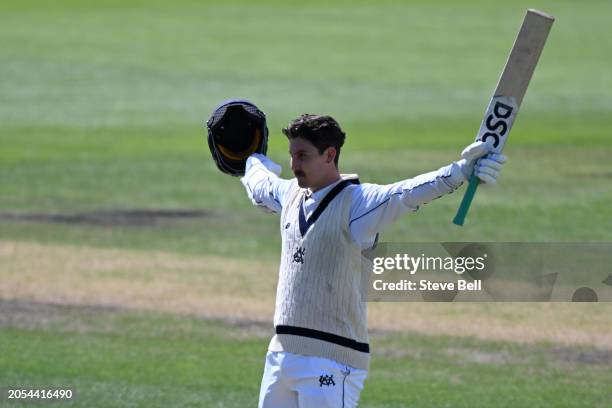 Nic Maddinson of the Bushrangers celebrates scoring a century during the Sheffield Shield match between Tasmania and Victoria at Blundstone Arena, on...