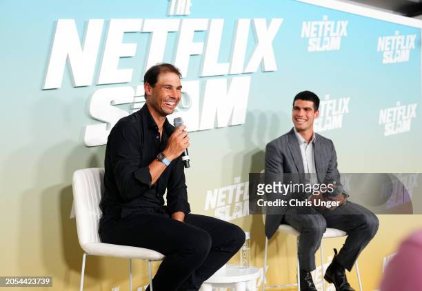 Rafael Nadal and Carlos Alcaraz speak onstage during The Netflix Slam media availability event at Mandalay Bay Resort and Casino on March 02, 2024 in...