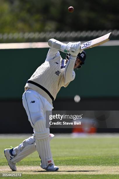 Nic Maddinson of the Bushrangers hits a boundary during the Sheffield Shield match between Tasmania and Victoria at Blundstone Arena, on March 03 in...