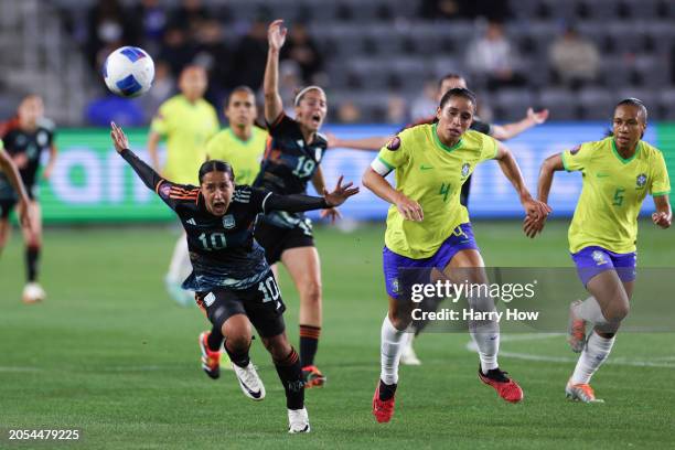 Dalila Ippolito of Argentina chases the ball ahead of Rafaelle of Brazil during the first half at BMO Stadium on March 02, 2024 in Los Angeles,...