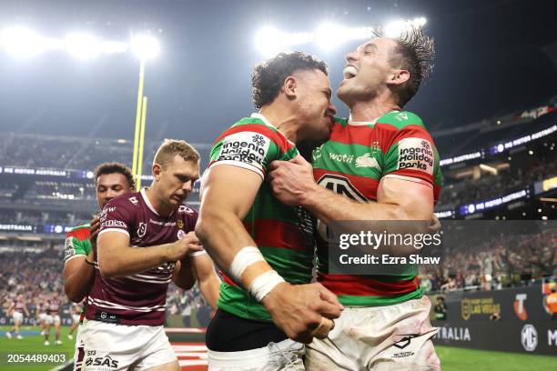 Jacob Gagai and Cameron Murray of the Rabbitohs celebrate after Jacob Gagai scored a try during the round one NRL match between Manly Sea Eagles and...