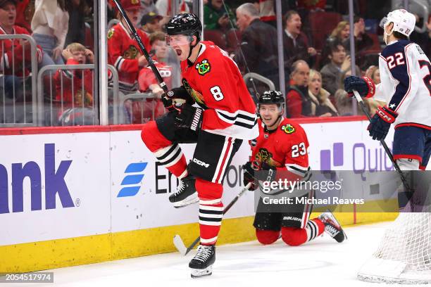 Ryan Donato of the Chicago Blackhawks celebrates after scoring a goal against the Columbus Blue Jackets during the third period at the United Center...