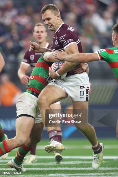 Tom Trbojevic of the Sea Eagles is tackled during the round one NRL match between Manly Sea Eagles and South Sydney Rabbitohs at Allegiant Stadium,...