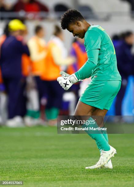 Luciana of Brazil celebrates her teams goal against team Argentina during the second half at BMO Stadium on March 02, 2024 in Los Angeles, California.