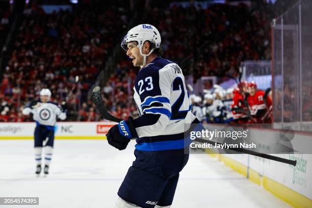 Sean Monahan of the Winnipeg Jets celebrates a goal during the third period of the game against the Carolina Hurricanes at PNC Arena on March 02,...