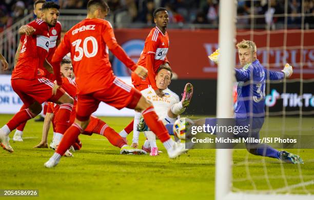 Corey Baird of FC Cincinnati shoots on goal during a game between FC Cincinnati and Chicago Fire FC at Soldier Field on March 2, 2024 in Chicago,...