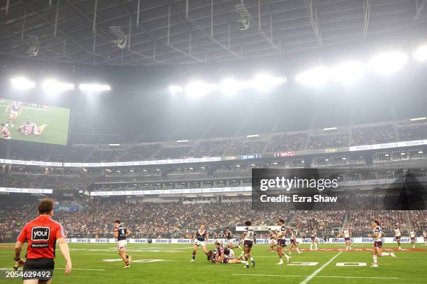 General view is seen during the round one NRL match between Sydney Roosters and Brisbane Broncos at Allegiant Stadium, on March 02 in Las Vegas,...