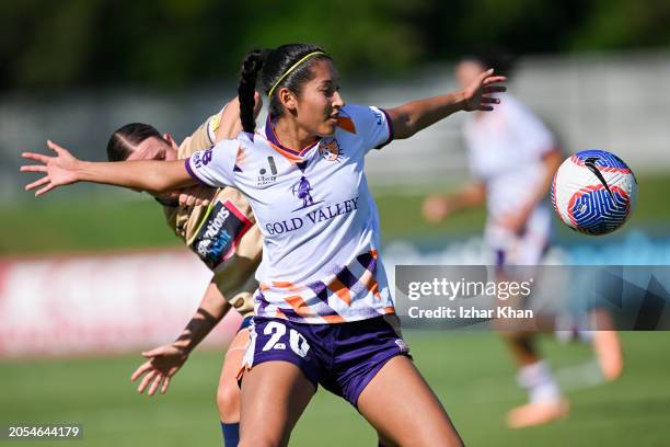 Quinley Quezada-Keca of the Perth Glory competes for the ball during the A-League Women round 18 match between Newcastle Jets and Perth Glory at...