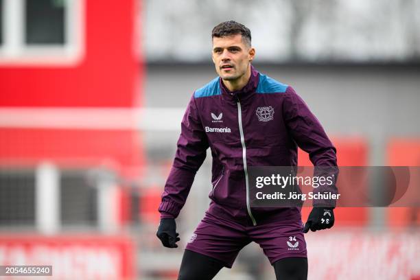 Granit Xhaka during looks on the UEFA Europa League 2023/24 round of 16 first leg training and press conference at BayArena on March 6, 2024 in...