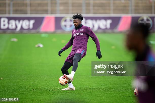 Edmond Tapsoba controls the ball during the UEFA Europa League 2023/24 round of 16 first leg training and press conference at BayArena on March 6,...