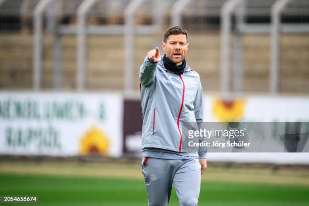 Headcoach Xabi Alonso looks on during the UEFA Europa League 2023/24 round of 16 first leg training and press conference at BayArena on March 6, 2024...