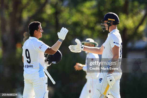 Ollie Davies of New South Wales is congratulated by Jack Edwards of New South Wales reaching a century during the Sheffield Shield match between New...