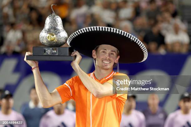 Alex De Minaur of Australia celebrates his win against Casper Ruud of Norway after their match during the singles final of the Telcel ATP 500 Mexican...