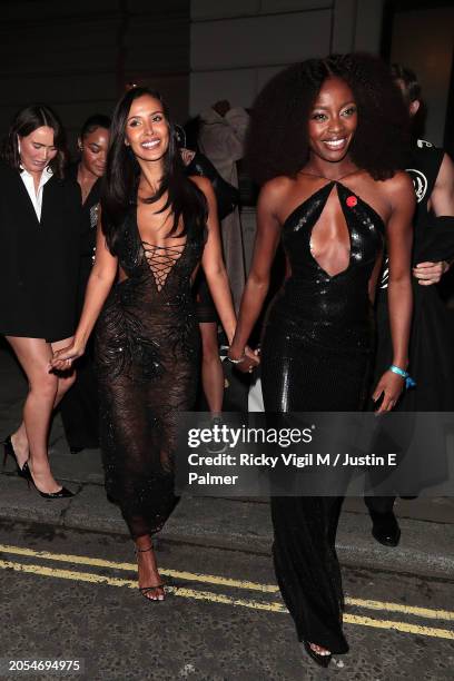 Maya Jama and AJ Odudu seen attending the Warner Music & Cîroc Vodka BRIT awards after party at NoMad on March 02, 2024 in London, England.