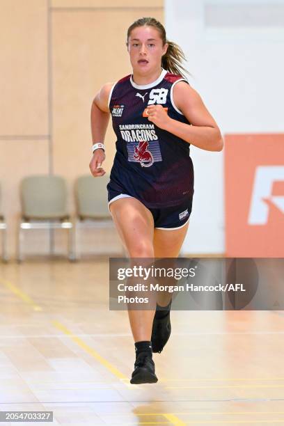 Gabrielle Trajer of the Dragons completes a drill during Coates Talent League Girls Testing at Narrandjeri Stadium on March 03, 2024 in Melbourne,...