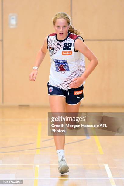 Grace Perrett of the Dragons completes a drill during Coates Talent League Girls Testing at Narrandjeri Stadium on March 03, 2024 in Melbourne,...