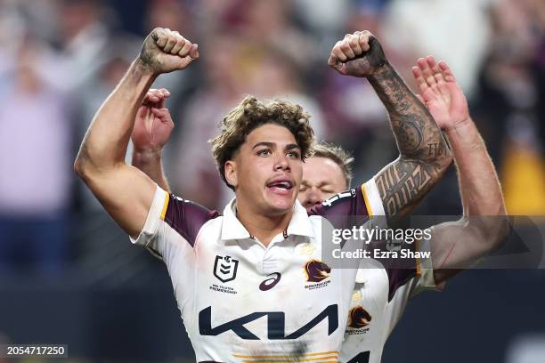 Reece Walsh of the Broncos celebrates scoring a try during the round one NRL match between Sydney Roosters and Brisbane Broncos at Allegiant Stadium,...