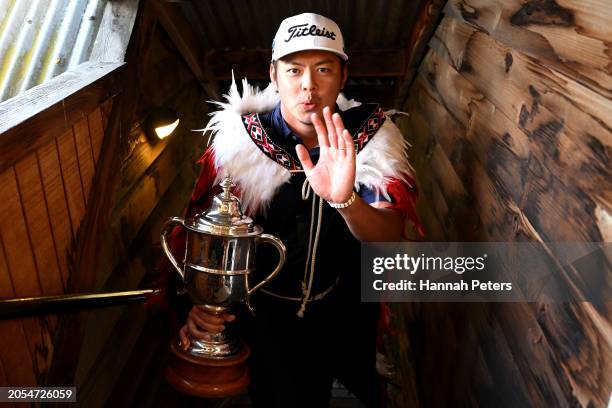 Takahiro Hataji of Japan celebrates after winning the 2024 New Zealand Golf Open at Millbrook Resort on March 03, 2024 in Queenstown, New Zealand.