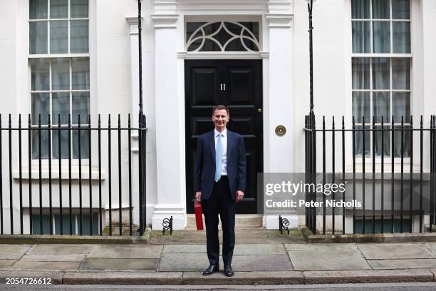 The Chancellor Of The Exchequer Jeremy Hunt leaves 11 Downing Street on March 6, 2024 in London, England. Chancellor Jeremy Hunt delivers his 2024...