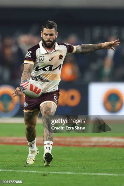 Adam Reynolds of the Broncos kicks during the round one NRL match between Sydney Roosters and Brisbane Broncos at Allegiant Stadium, on March 02 in...