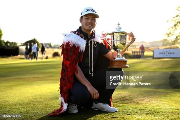 Takahiro Hataji of Japan celebrates after winning the 2024 New Zealand Golf Open at Millbrook Resort on March 03, 2024 in Queenstown, New Zealand.