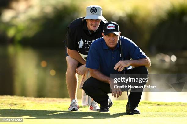 Scott Hend of Australia lines up a putt during day four of the 2024 New Zealand Golf Open at Millbrook Resort on March 03, 2024 in Queenstown, New...