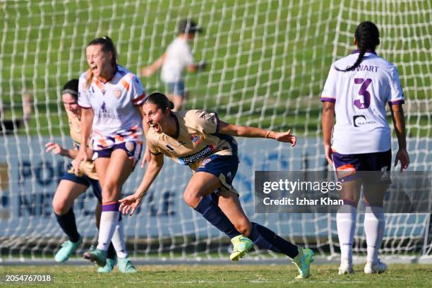 Melindaj Barbieri of the Newcastle Jets celebrates scoring a goal during the A-League Women round 18 match between Newcastle Jets and Perth Glory at...
