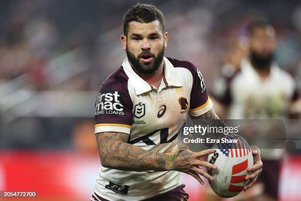 Adam Reynolds of the Broncos runs the ballduring the round one NRL match between Sydney Roosters and Brisbane Broncos at Allegiant Stadium, on March...