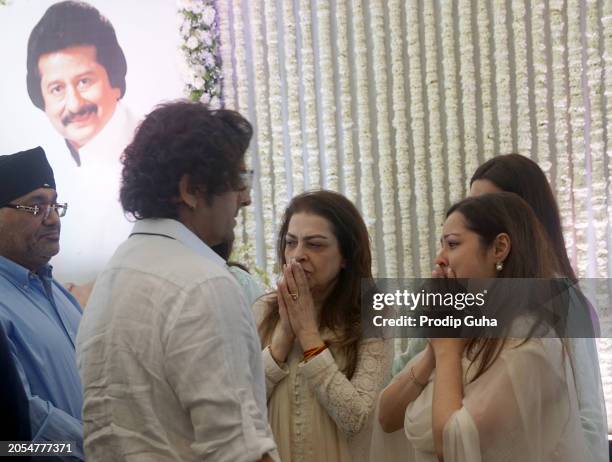 Sonu Nigam, Farida Udhas and Nayaab Udhas attend the prayer service for veteran singer Pankaj Udhas on March 02, 2024 in Mumbai, India. Udhas died on...