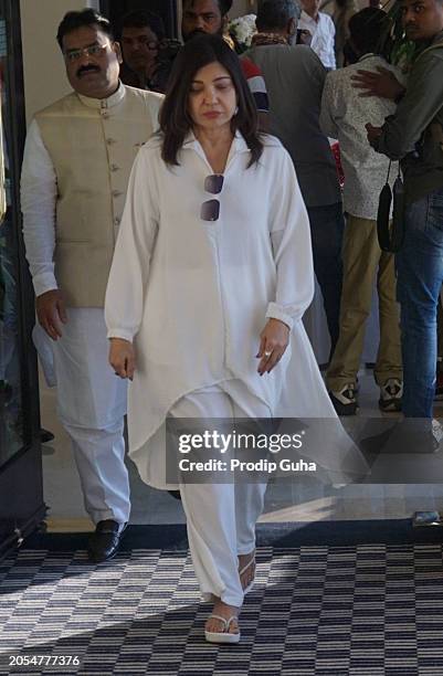 Alka Yagnik attends the prayer service for veteran singer Pankaj Udhas on March 02, 2024 in Mumbai, India. Udhas died on February 26, 2024 at age 72...