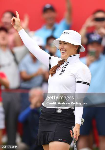 Hannah Green of Australia celebrates victory on the 18th green following a birdie putt during Day Four of the HSBC Women's World Championship at...