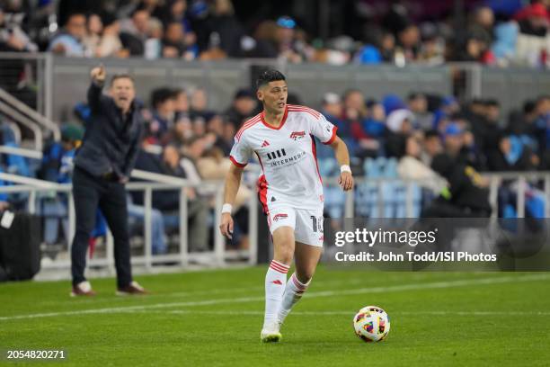 Cristian Espinoza of the San Jose Earthquakes advances the ball during a game between Los Angeles Galaxy and San Jose Earthquakes at PayPal Park on...