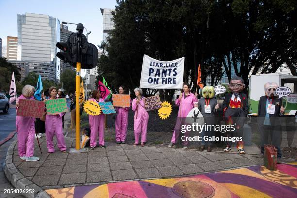 Members of the Extinction Rebellion protesting on the opening day of the Africa Energy Indaba outside Cape Town International Convention Centre on...