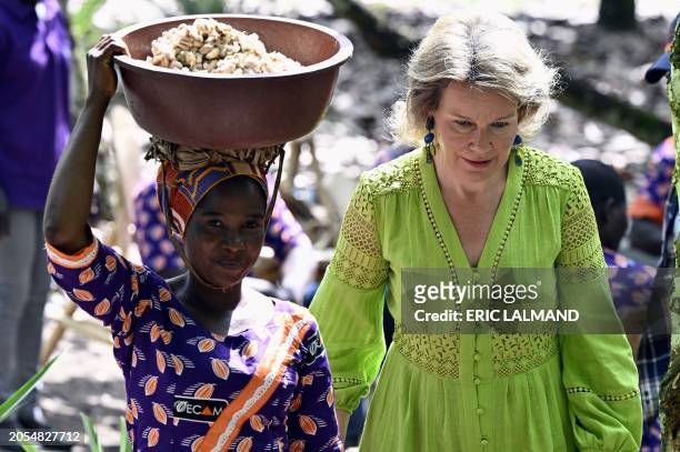 Queen Mathilde of Belgium visits a Cocoa plantation in Meagui, during a royal working visit to Ivory Coast, in San Pedro, Wednesday 06 March 2024....