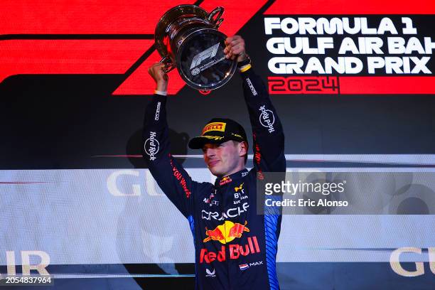 Max Verstappen of Netherland and Oracle Red Bull Racing lift the winner trophy of the F1 Grand Prix of Bahrain at Bahrain International Circuit on...