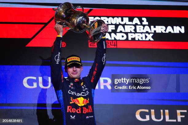 Max Verstappen of Netherland and Oracle Red Bull Racing lift the winner trophy of the F1 Grand Prix of Bahrain at Bahrain International Circuit on...