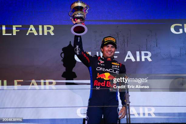 Sergio Perez of Mexico and Oracle Red Bull Racing celebrates during the F1 Grand Prix of Bahrain at Bahrain International Circuit on March 02, 2024...