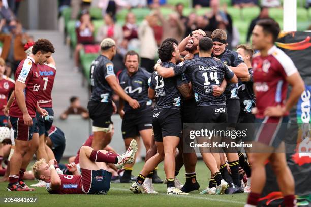 Pasilio Tosi of the Hurricanes celebrates scoring the game winning try in golden point during the round two Super Rugby Pacific match between...